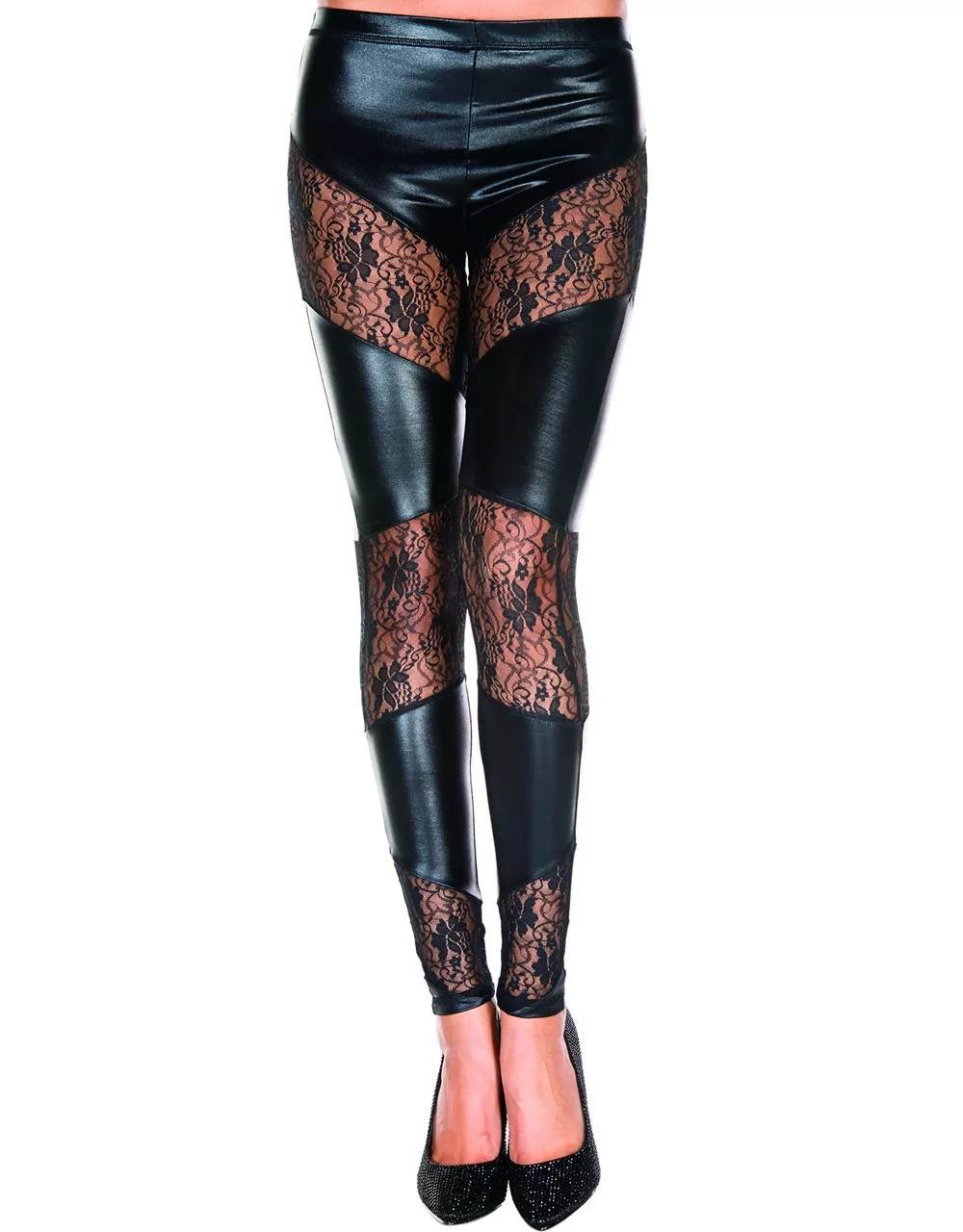 Legging noir wetlook avec bandes de dentelle florale
