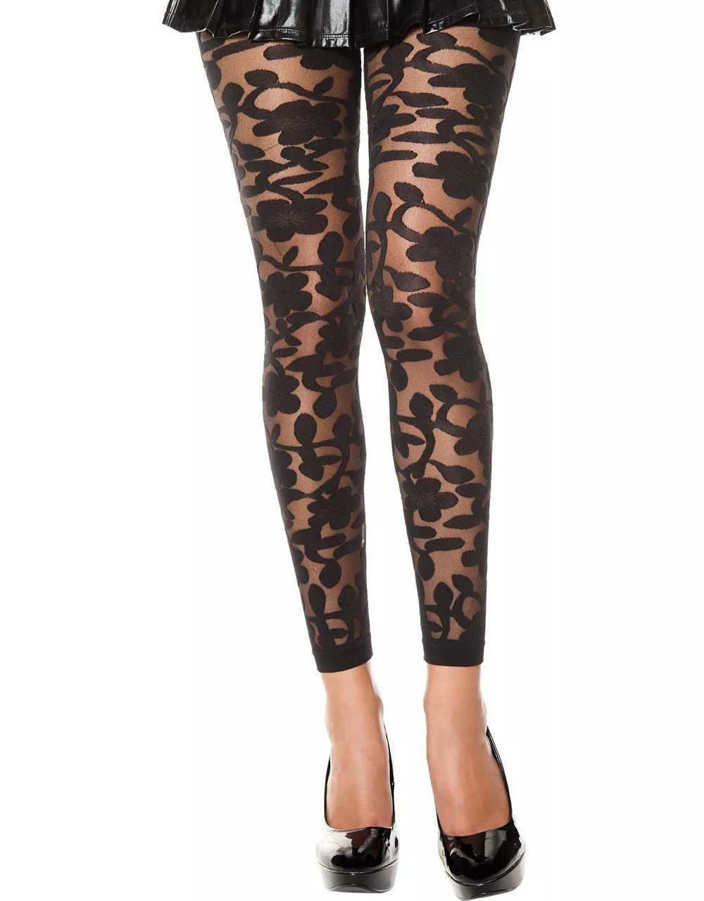Legging noir fin transparent motif fleuri