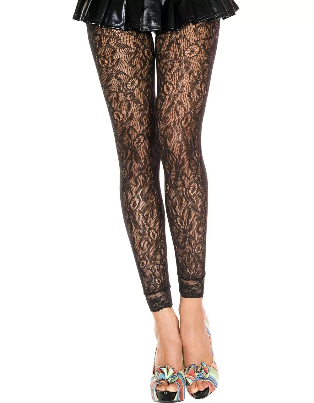 Legging fin noir résille et dentelle motif floral
