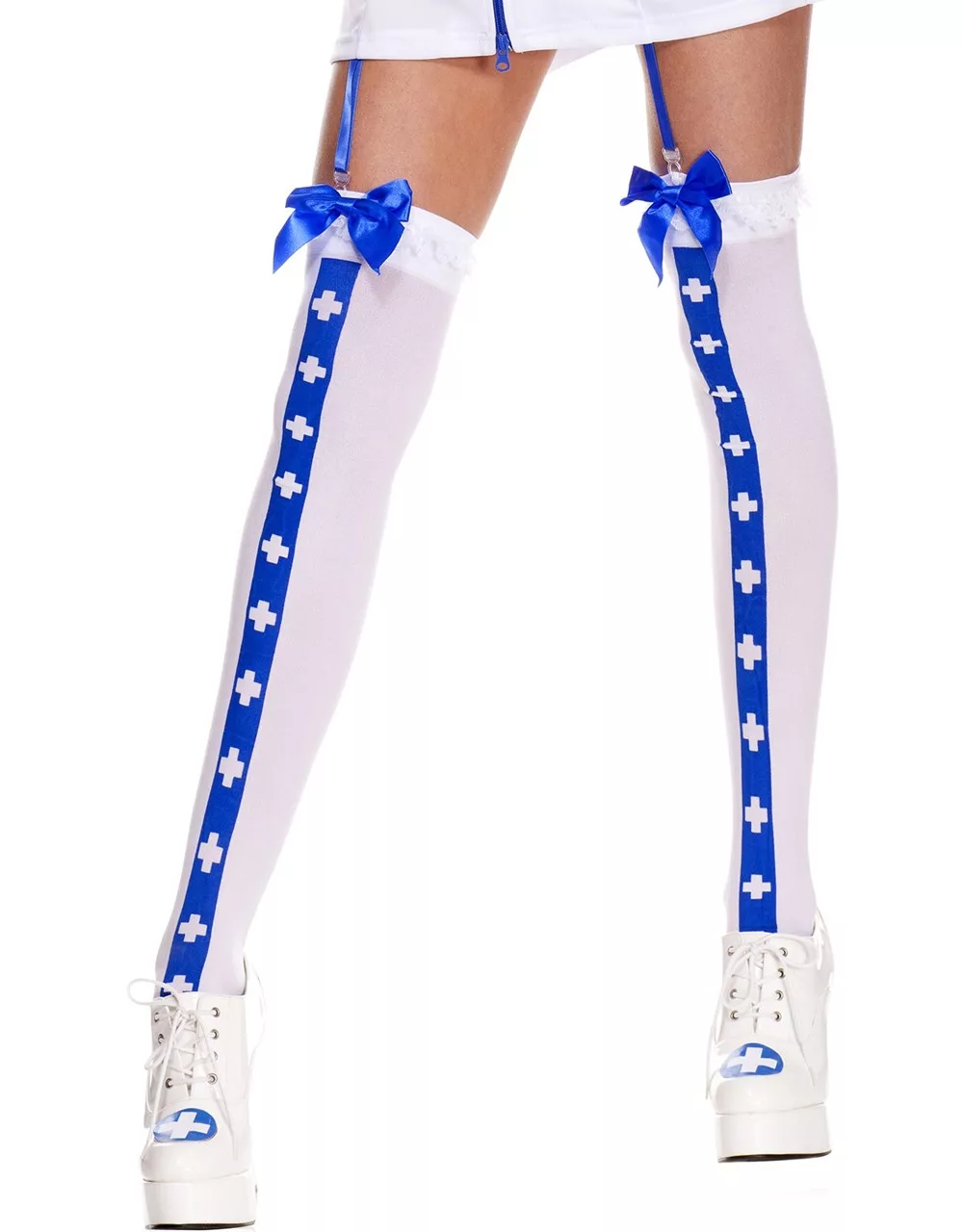 Bas sexy blanc avec bande bleu croix nfirmière et noeuds satinés