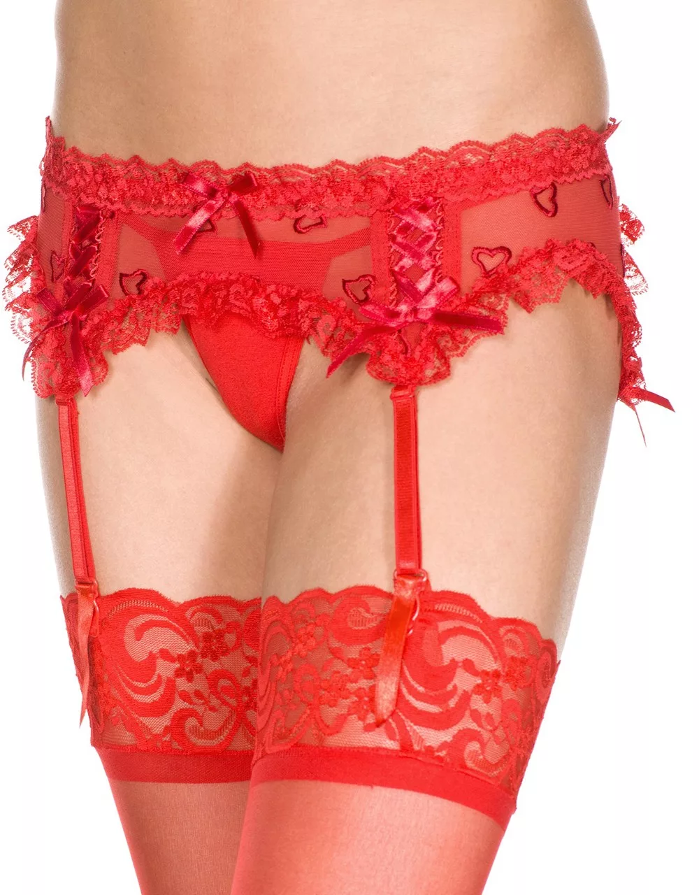 Porte-jarretelles rouge maille et dentelle avec petits coeurs