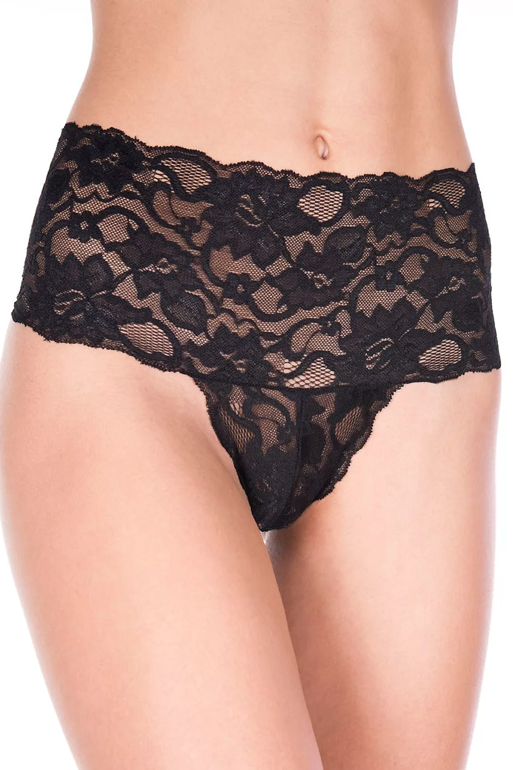 Tanga string noir grande taille large bande haute de dentelle florale