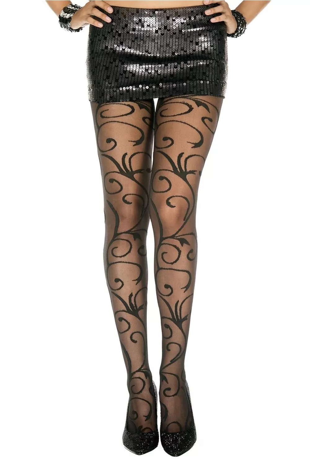 Collant fantaisie noir nylon avec fioritures