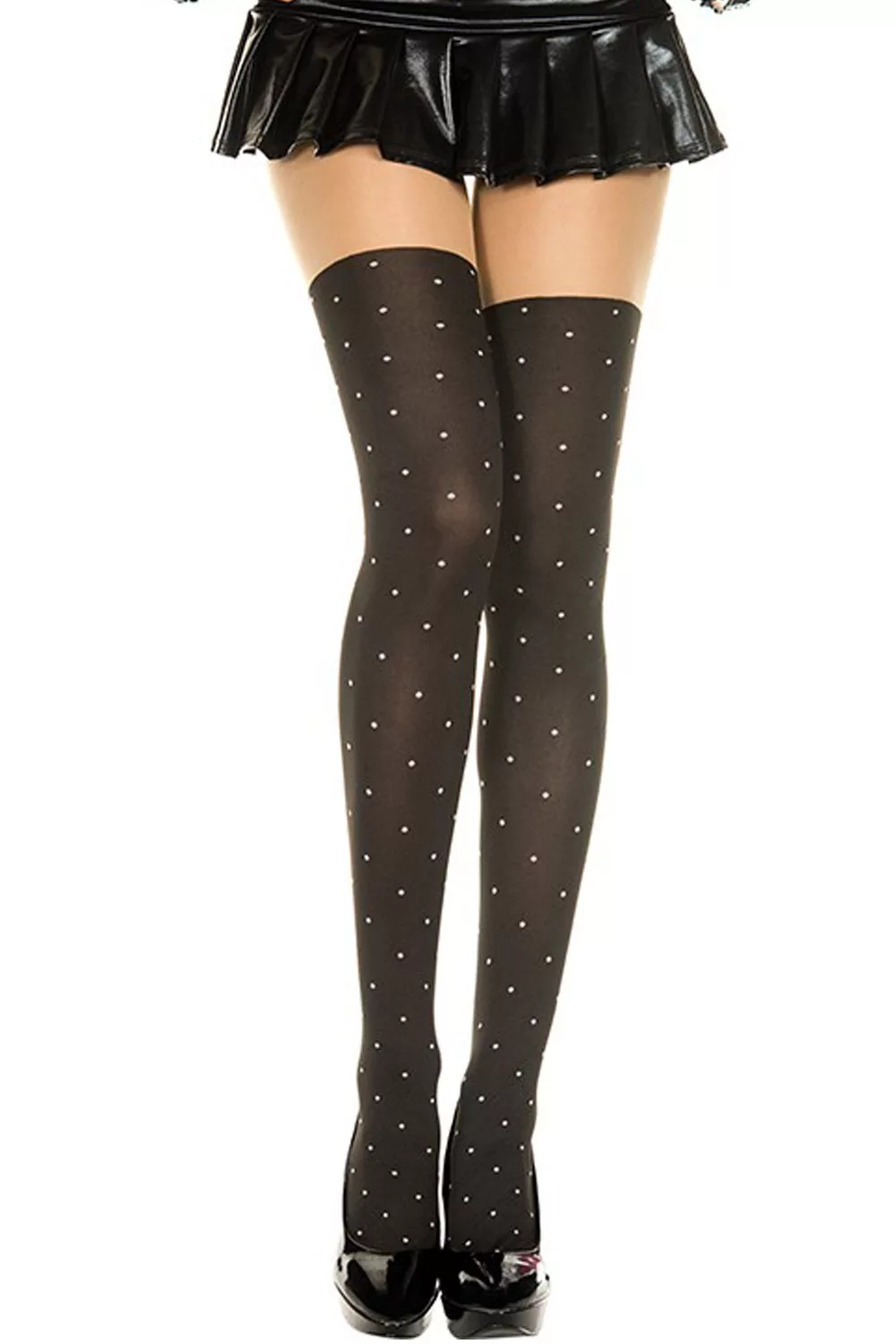 Collant fantaisie effet bas à pois blancs
