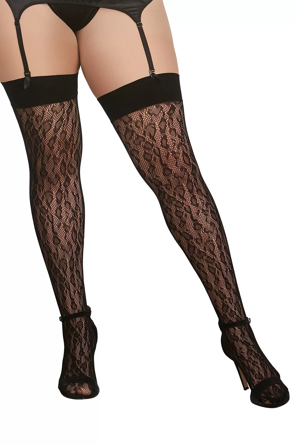 Bas grande taille noir en résille avec motif léopard.