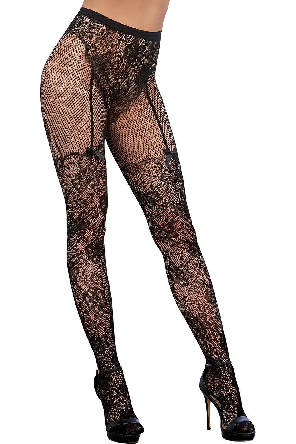 Collant en dentelle et résille dans un style culotte taille haute