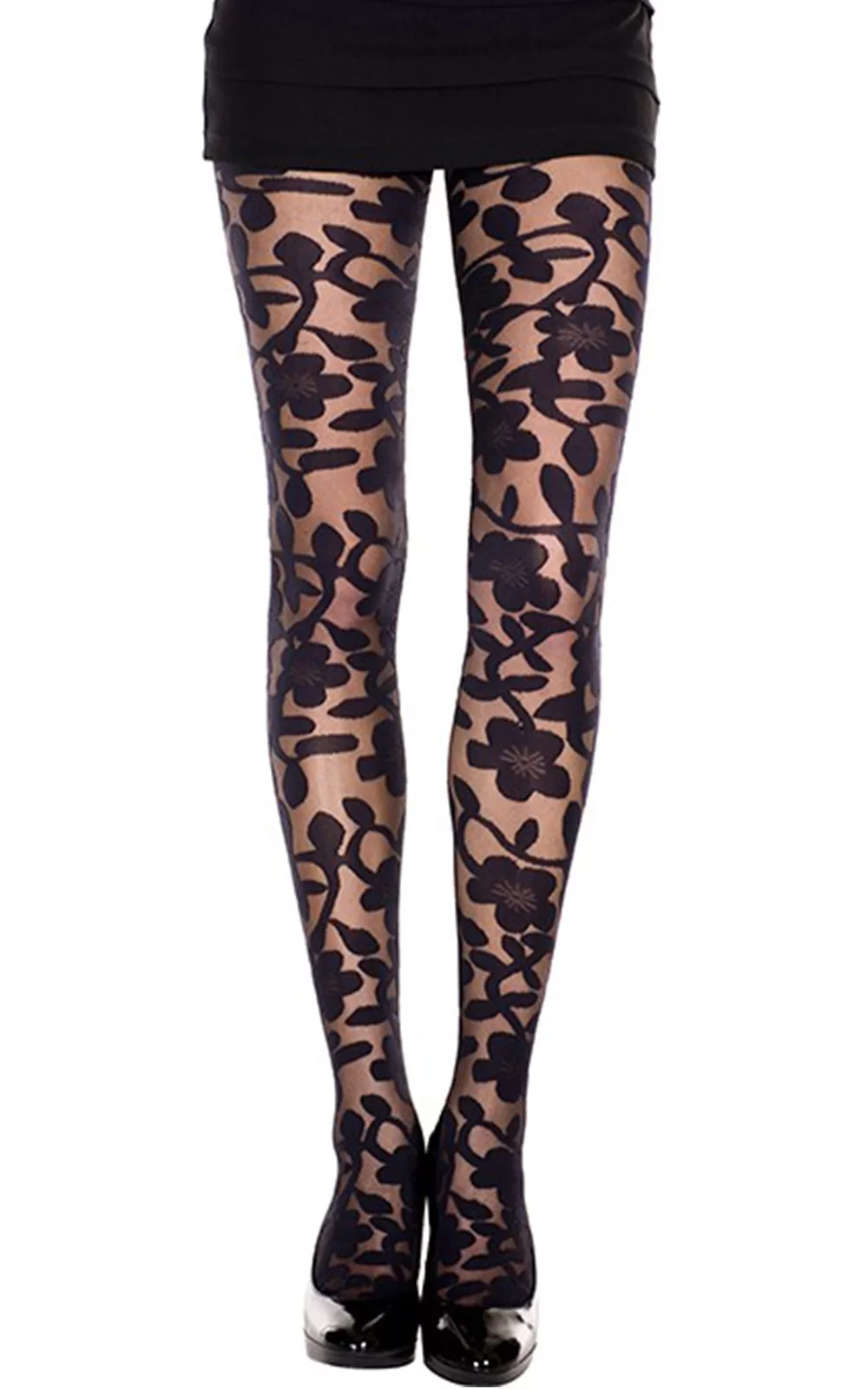 Collant noir imprimé floral