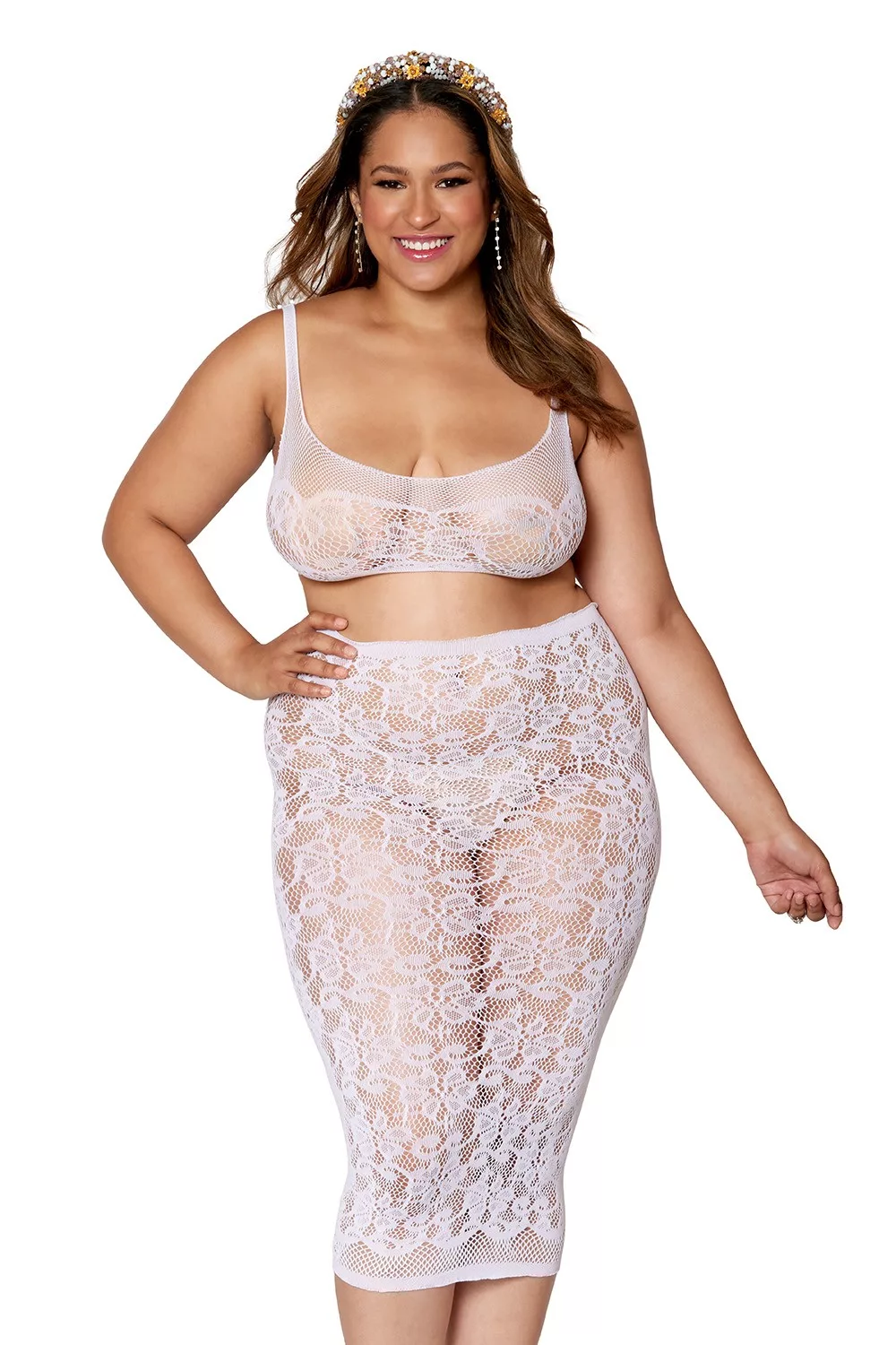 Ensemble 2 pièces grande taille, brassière résille fantaisie et jupe longue assorti