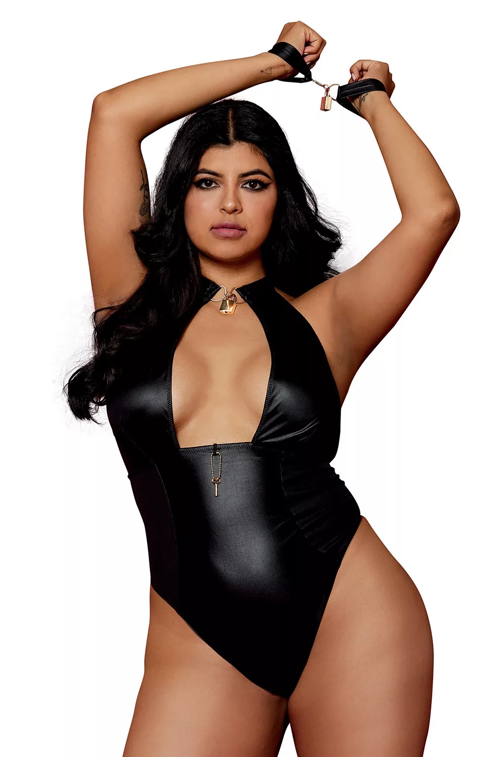 Body wetlook noir grande taille avec menottes, cadenas bijoux et clé bijou inclus