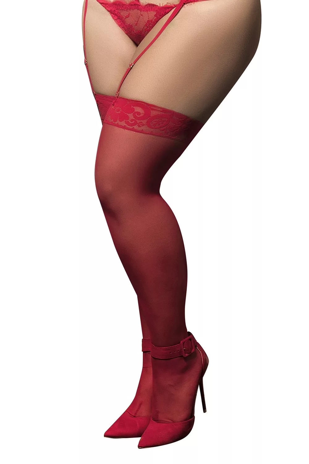 Bas nylon rouges autofixants, grande taille, jarretières dentelle