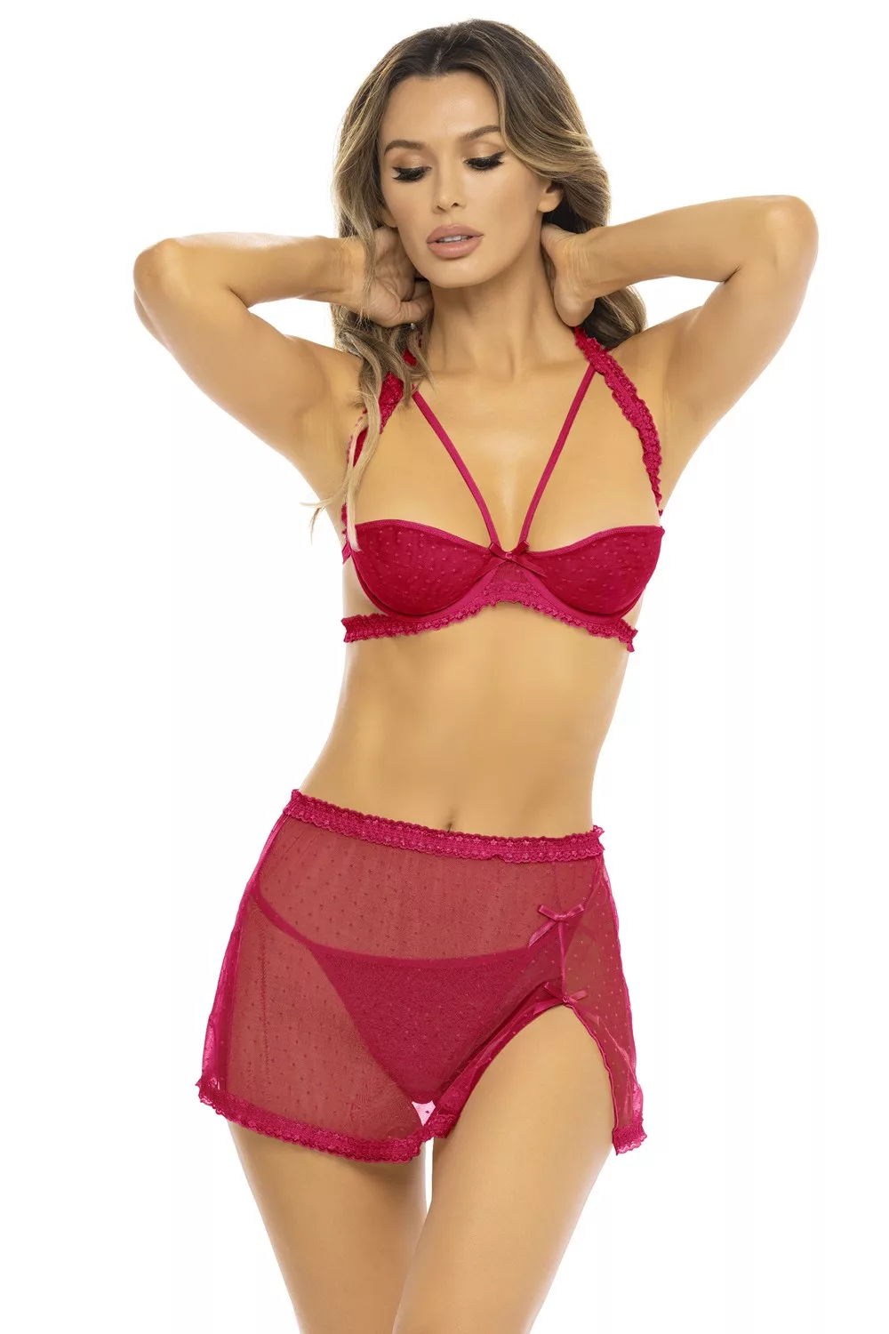 Ensemble 3 pièces rouge, soutien gorge, jupette et string