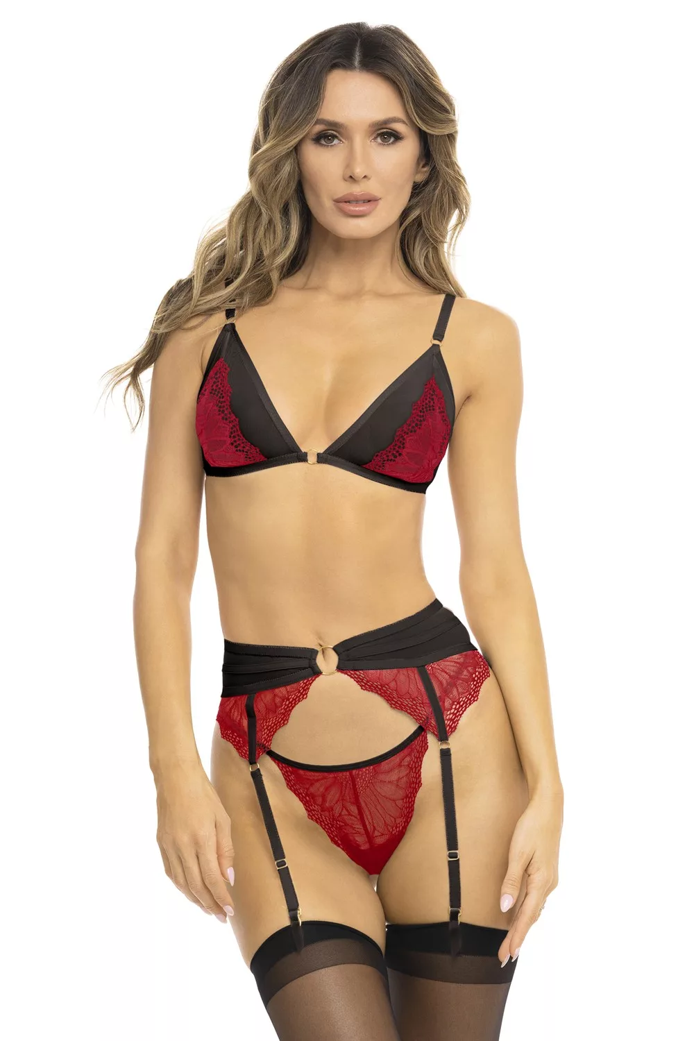 Ensemble 3 pièces rouge, soutien gorge, porte jarretelles et string