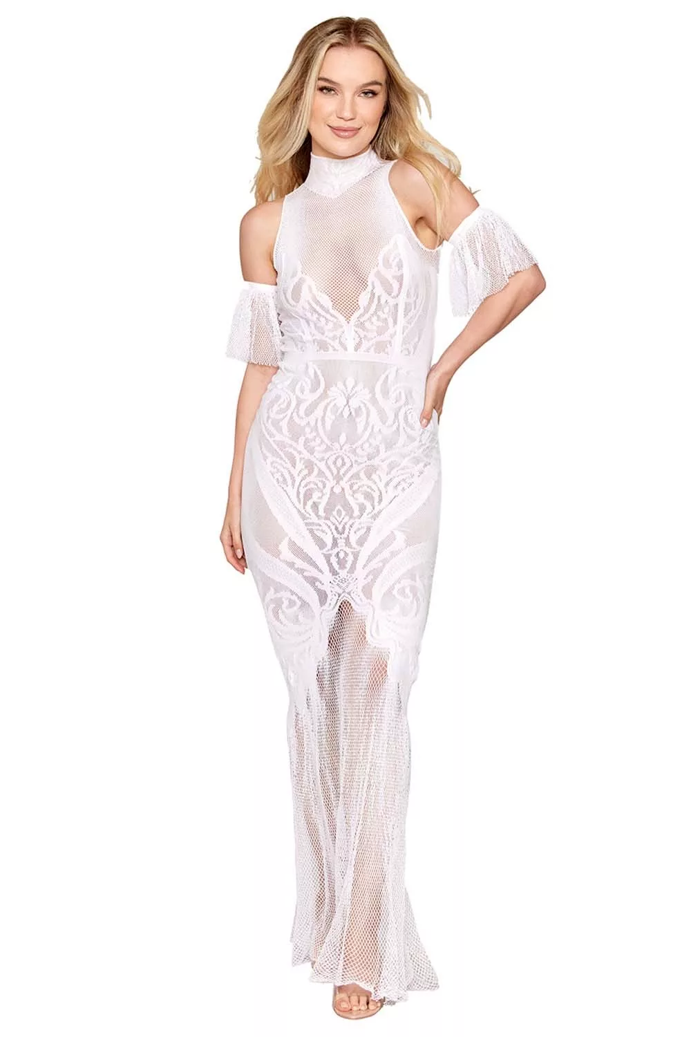 Robe bodystocking en résille et dentelle blanche