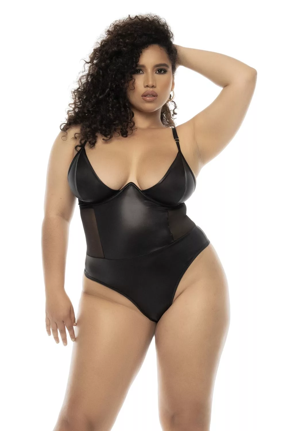 Bodystring Bibi grande taille en wetlook noir avec armatures, bretelles réglables