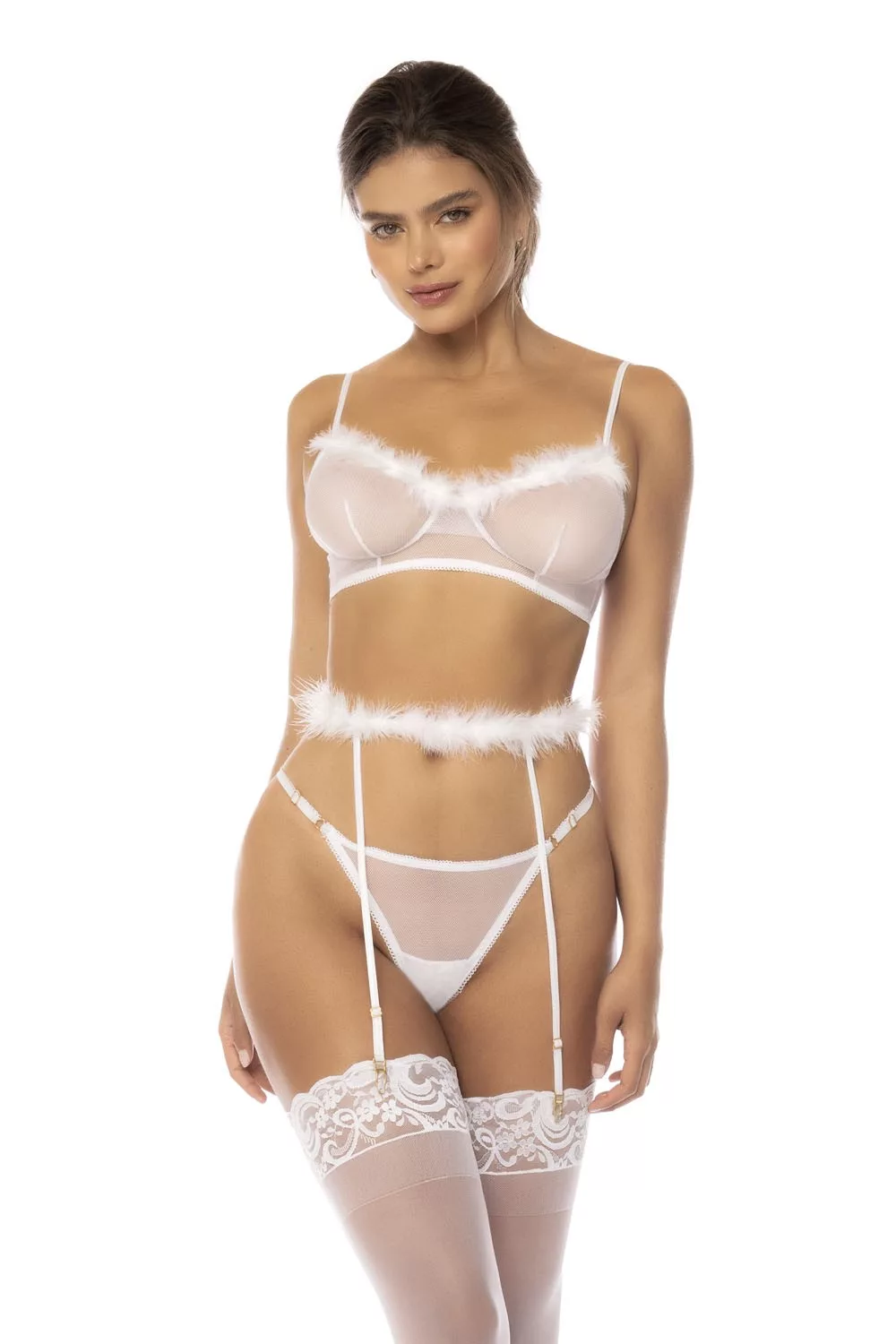 Ensemble 3 pièces blanc Emmie, soutien gorge, porte jarretelles avec fausse fourrure et string assorti