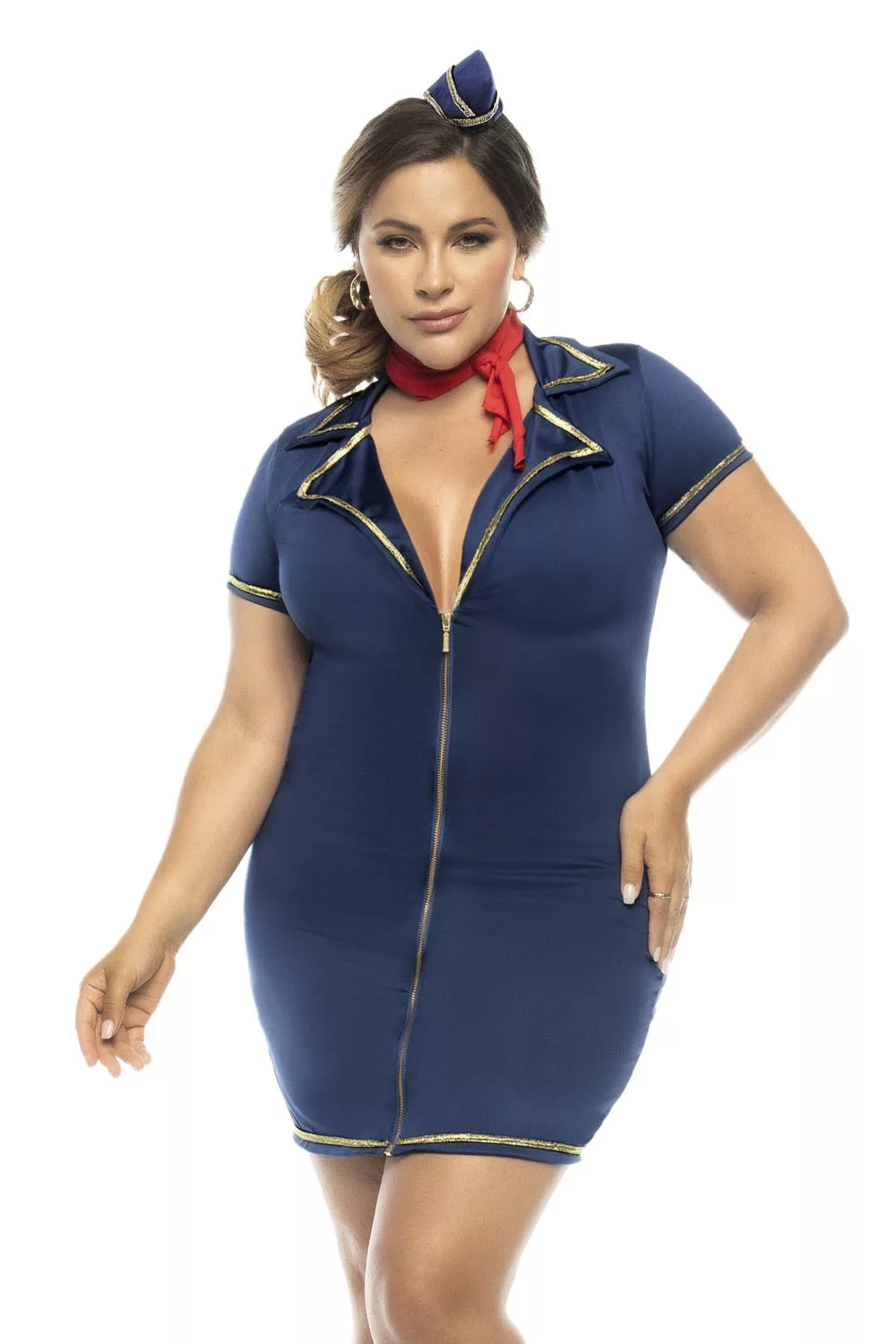 Costume hôtesse de l'air 3 pièces grande taille, robe avec zip fonctionnel, tour de cou et coiffe