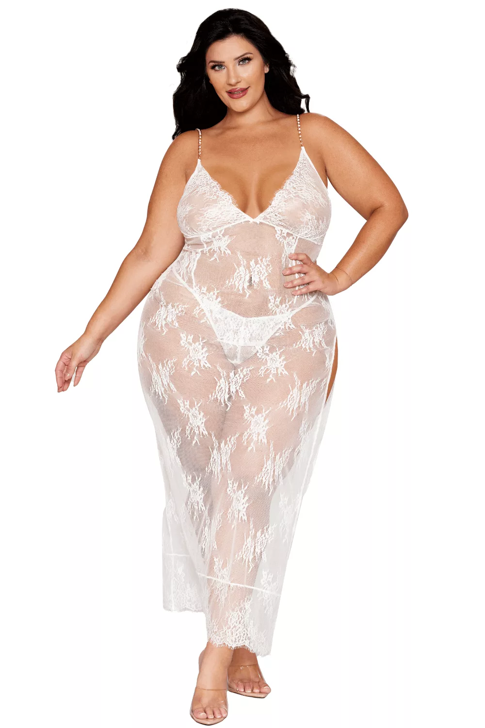 Nuisette longue blanche grande taille en dentelle florale, string assorti