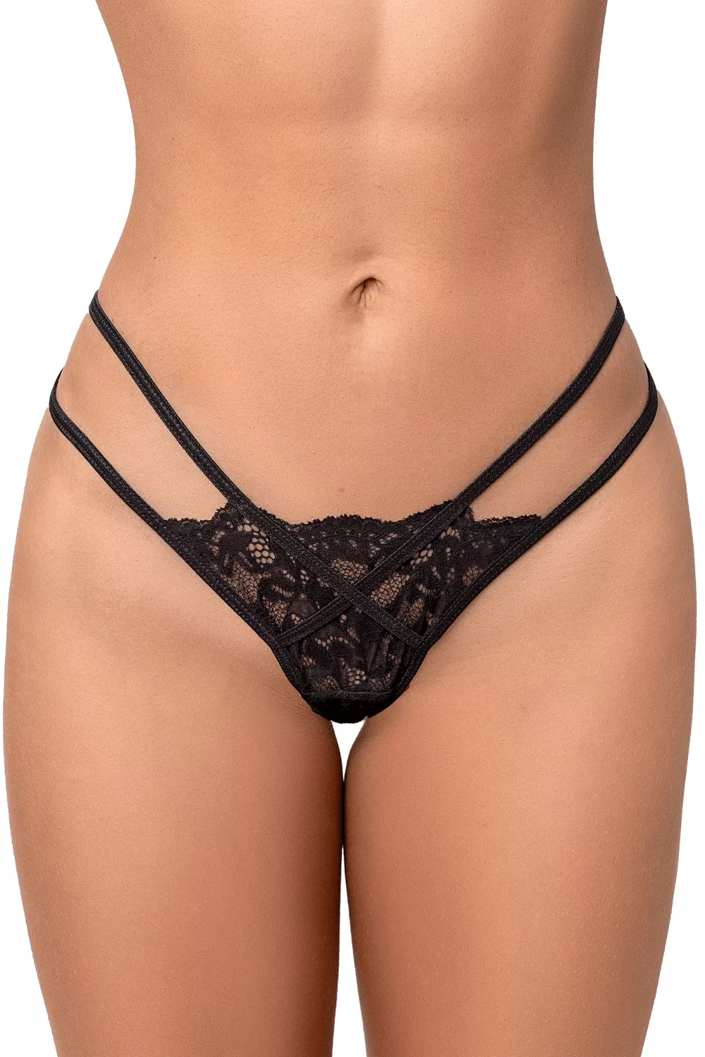 String noir en dentelle à lanières avec anneau