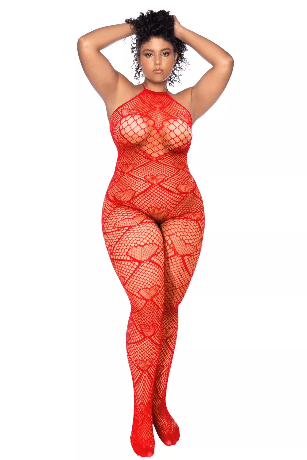 Bodystocking grande taille en résille rouge à motif cœur, orné de strass, ouvert à l’entrejambe - Mapalé