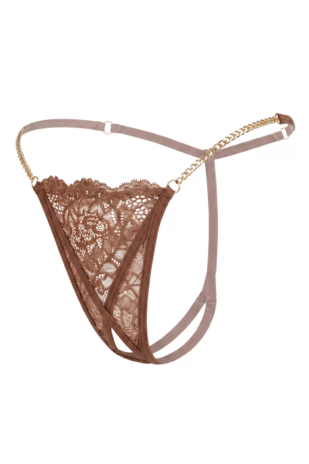 String en dentelle taupe ouvert avec chaînes dorées