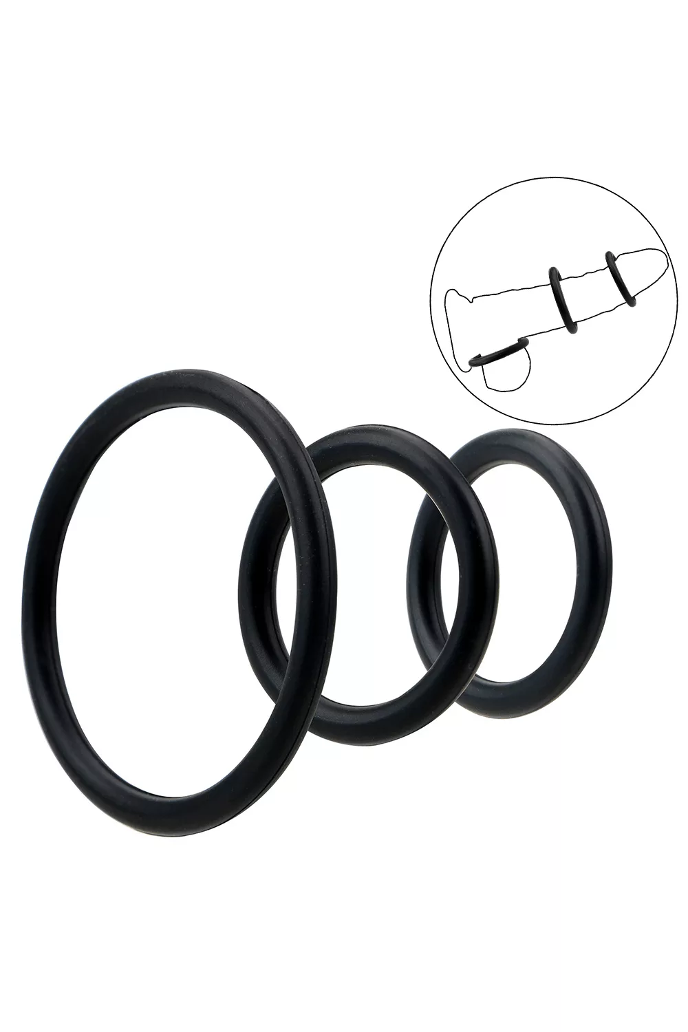 Trio d'Anneaux Péniens Silicone Noir Pocket Pleasure + 1 dosette de lubrifiant