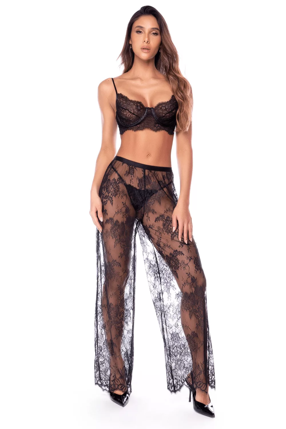 Ensemble 3 pièces en dentelle noire avec pantalon transparent - Mapalé