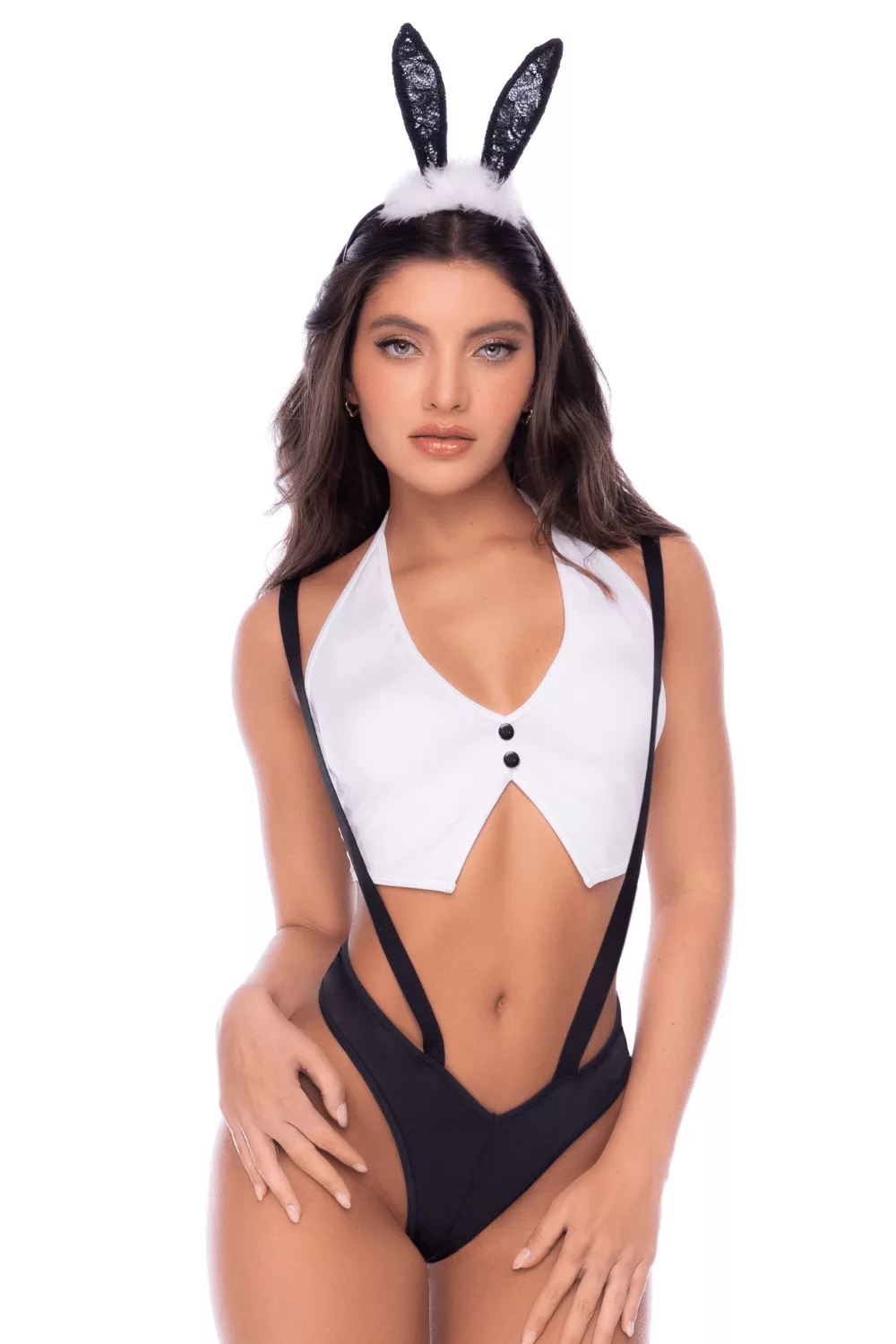 Déguisement lapine sexy 3 pièces avec oreilles, top court et culotte à bretelles - Mapalé