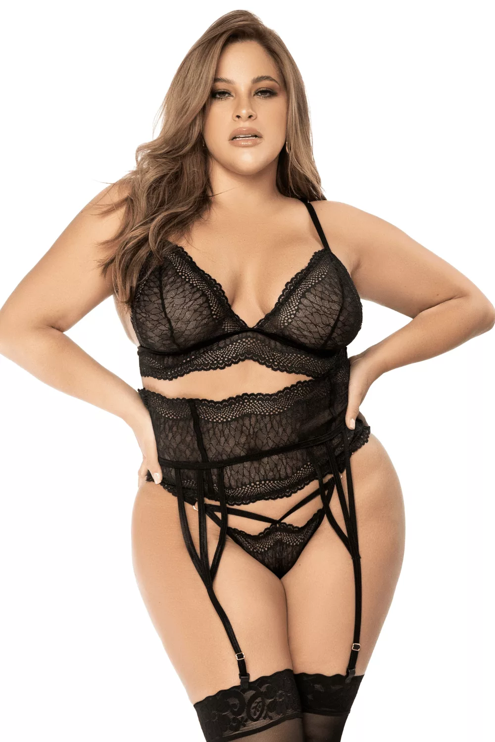 Ensemble lingerie 3 pièces noir en dentelle avec porte-jarretelles - Mapalé