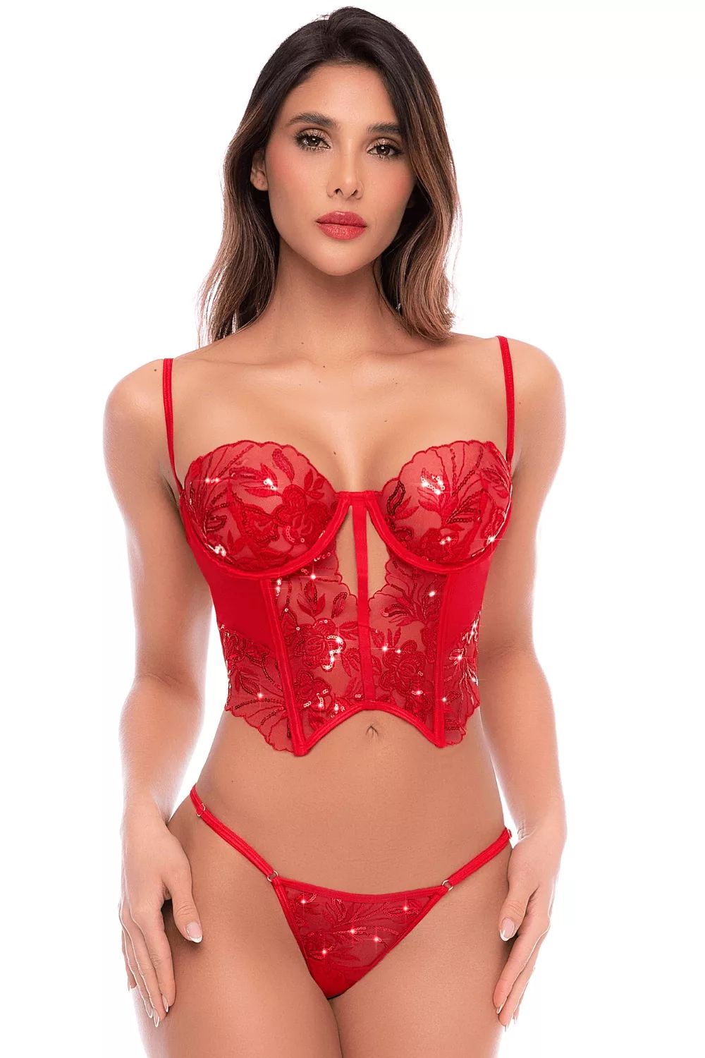 Ensemble 2 pièces rouge écarlate avec bustier brodé de sequins et string - Mapalé